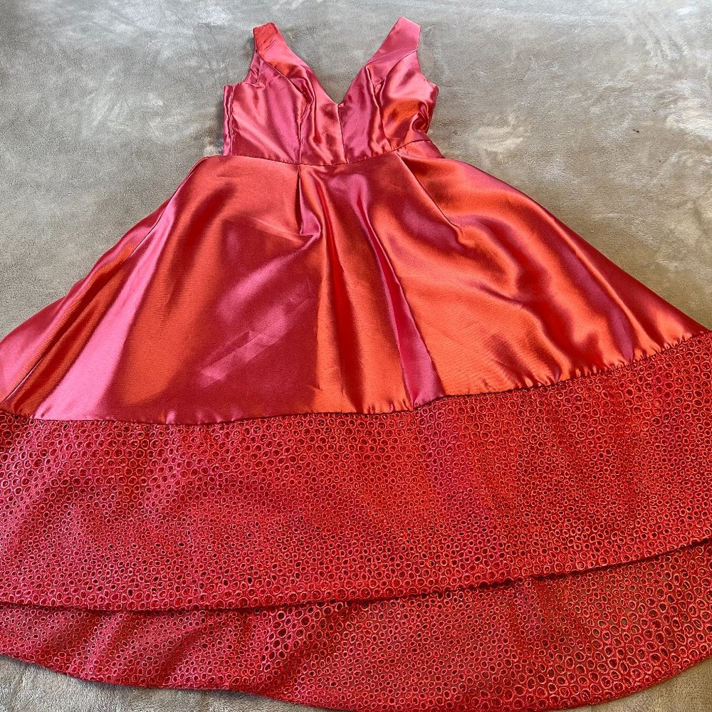 Monique Lhuillier coral tea length high low dress